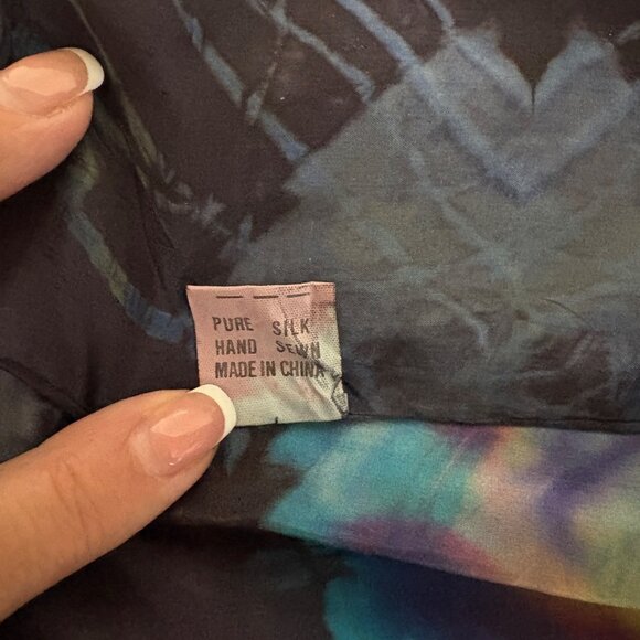 Handsewn Pure Silk Scarf Vibrant Multicolor Tie-Dye Design Fashion Accessory - Picture 4 of 7